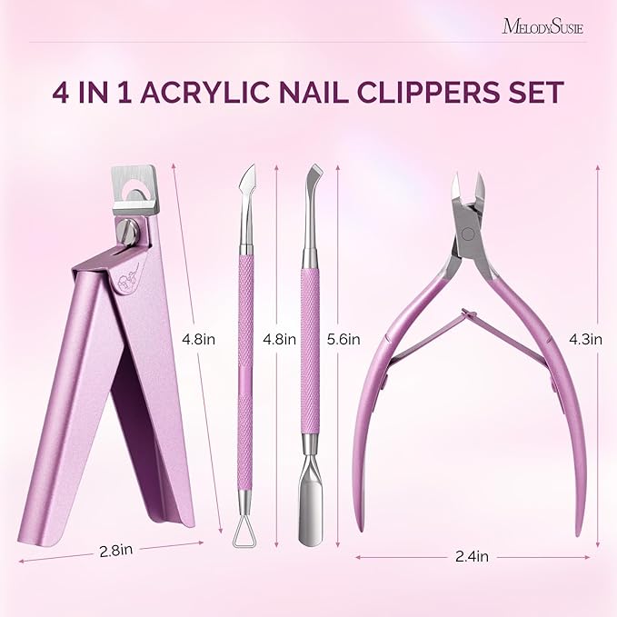 Melodysusie 4 in 1 Acrylic Nail Clippers Set, with Cuticle Trimmer and Dual-Ended Cuticle Pusher Remover, Stainless Steel Acrylic Nail Cutter Set, Pedicure Manicure Acrylic Nail Tools for Home Salon