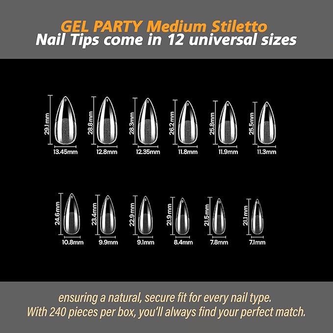 GELPARTY Soft Gel Nail Tips Medium Stiletto - 240 Pcs Pre-Buffed Matte Full Cover Tips - No Filing Needed, Soak Off Gel Extension System - Clear False Nails (12 Sizes)