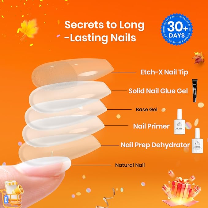 Beetles Gel Nail Kit Etch-X, Almond Short, 576pcs 12 Sizes, with Dehydrator and Primer, Solid Glue Mini Lamp, Pre-Etched Half Matte Acrylic Nail Kit Fake Nail for Home DIY Extension Set
