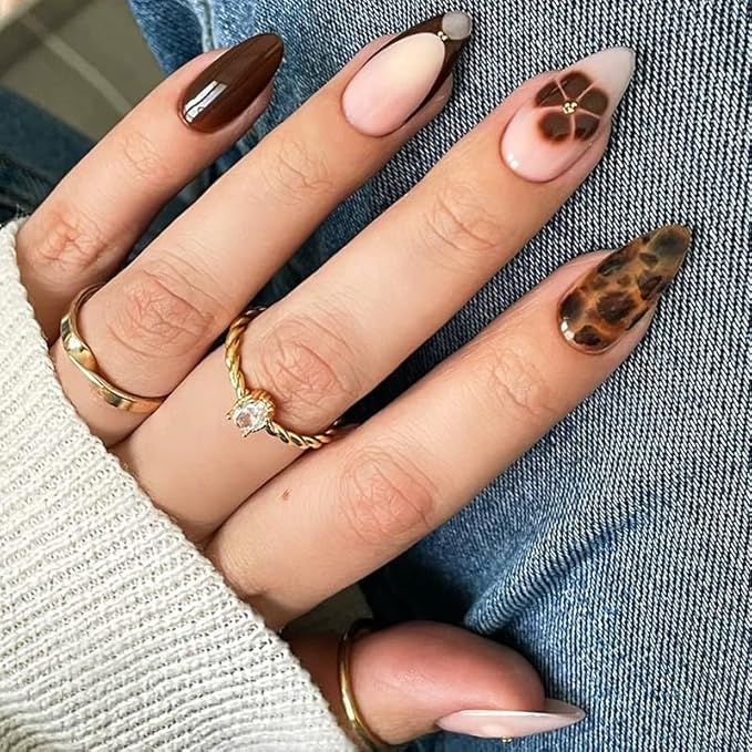 Press On Nails Brown Leopard Design – Long Almond Fake Nails with Matte & Glossy Finish, Reusable Adhesive Nails for Women (24 Pcs)