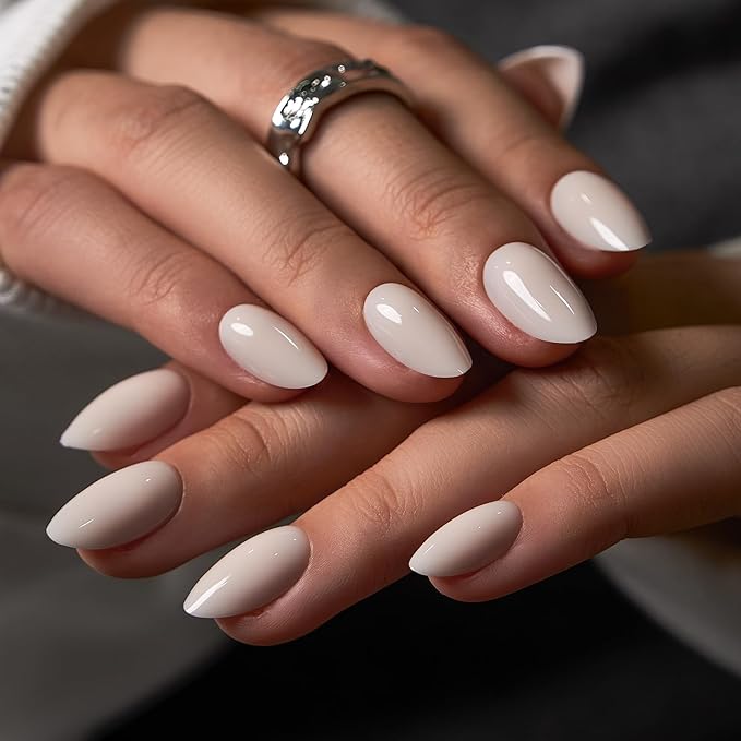 CurvLife Press On Nails Medium Almond Milky White, Soft Gel Reusable Fake Nails, Stick On and Glue On Nail Kit with Adhesive Tabs, Natural Fit, Salon Quality for Women
