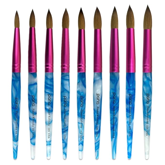 PANA Pure Kolinsky Hair Acrylic Nail Brush - Round Shape Pink Ferrule with White Swirl Blue Handle (Size 14)