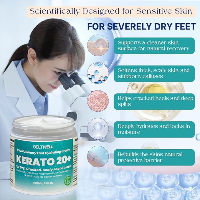 Kerato20+ Urea 20% Intense Foot Hydrating Cream Deep Hydration for Healthy, Smooth Feet. Restores Extremely Dry, Swollen, Cracked Skin, Softens Thick, Scaly Areas, and Breaks Down Calluses