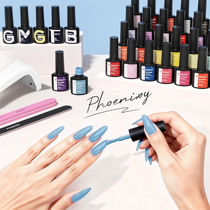 Phoenixy 71 Pcs Gel Nail Polish Kit with U V Light, 55 Colors Gel Nail Kit 5pcs Base Top Coat Pink Blue Glitter Burgundy DIY Manicure Starter Set for Beginners Gift for Women
