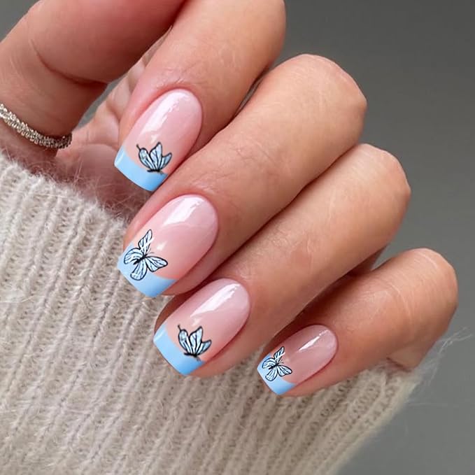 JMEOWIO Gel Nail Stickers Blue Butterfly French Tip Semi Cured Gel Nail Strips Wraps UV/LED Supplies Nails Art Design Decoration Accessories