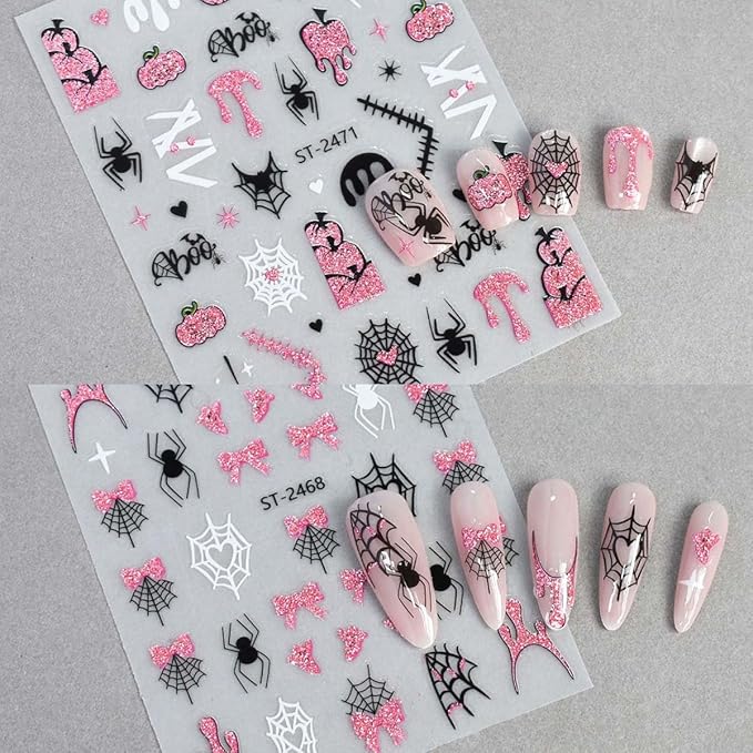 8 Sheets Halloween Nail Stickers Pumpkin Spider Web Nail Art Stickers with Pink Glitter Design Ghost Bat Nail Decals 3D Self Adhesive Sticker for Nails,Halloween DIY Manicure Decor for Women Girls