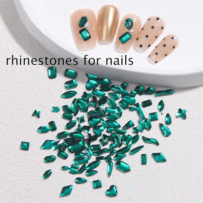 Nail Rhinestones Kit, 18 Types of 900 Special-Shaped Nail Diamonds + 3200 Flat-Bottomed Nail Rhinestones, Green Nail Crystal Rhinestones for Manicure