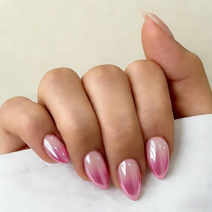 Chrome Ombre Hot Pink Press on Nails Short Almond, Glazed Cute Fake Nails with Sparkle Mirror Design, Shiny Glitter Glue on Nails Stiletto, Gradient Nude Gel Nail Press ons with Glue 30 Pcs