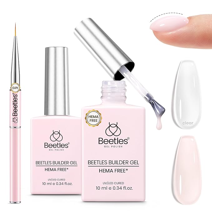 Beetles HEMA-FREE & TPO FREE Builder Nail Gel-Peach Skin 2 Colors Strengthening Nails Building Apex & Extension Clear & Jelly Nude Pink Builder Gels for Beginner DIY Salon at Home, UV & LED Lamp Need