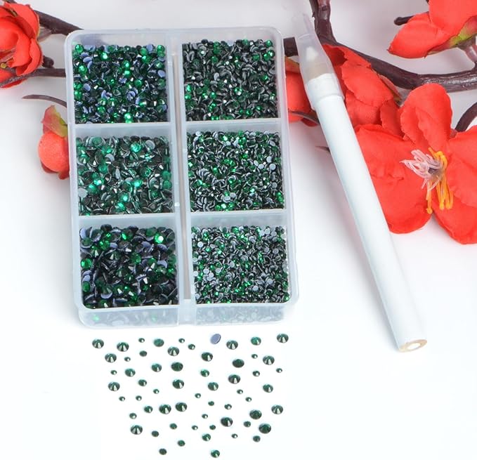 Bymitel Hotfix Crystal Rhinestones Round Gems for Crafts,Mixed 6 Sizes with Wax Pencil Kit, Emerald 1.3-3.2mm(SS3-SS12/8000pcs)