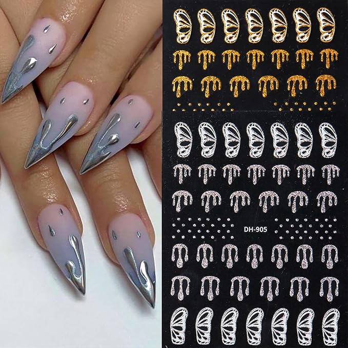 6 Sheets Halloween Blood Drop Nail Art Stickers Decals Gold Silver Butterfly Nails Stickers Self-Adhesive Blood Drop Nails Decals for Women Halloween Decor