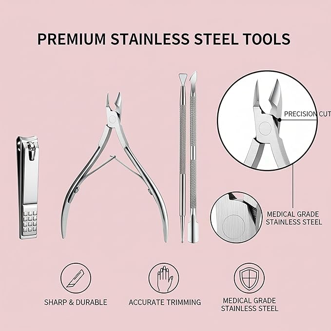 8PCS Stainless Steel Cuticle Nippers & Remover, Nail Clippers Set, Precision Sharp Blades Manicure Pedicure Tools for Home Salon Travel, Complete Nail Care Kit for Women, Pink