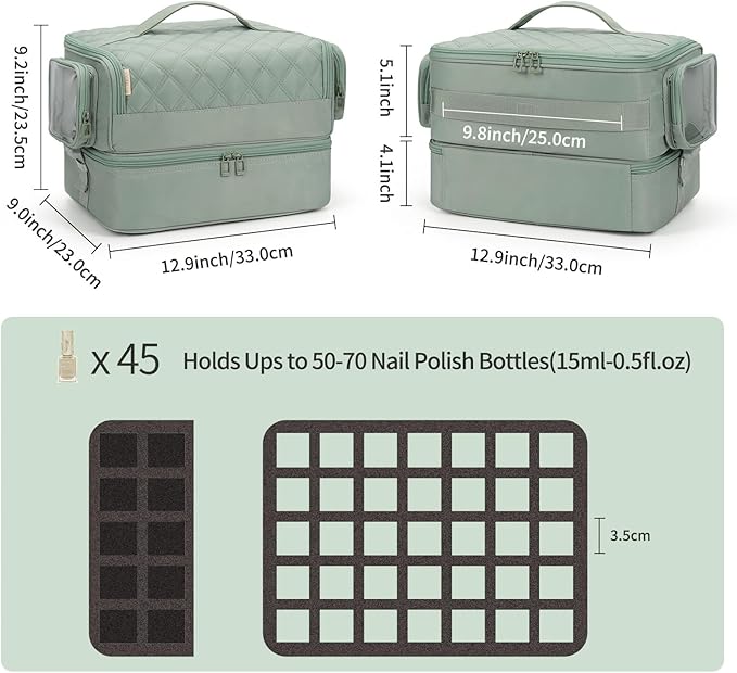 OCHEAL Nail Polish Organizer, Holds Nail Lamp and 45+ Bottles 2-in-1 Nail Polish Storage Case,Detachable Nail Techs Gel Kit Supplies Carring Bag for Manicurist Tools 45-Slot Nail Holder-Green