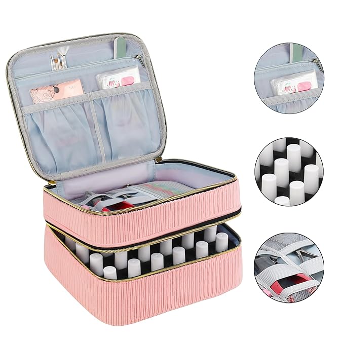 Nail Polish Organizer- Holds 30 Bottles, Nail Organizers and Storage Double-Layer Nail Bag Organizer Case Nail Polish Holder with Handle, Nail Kit Organizer for Manicures Tools (Pink)