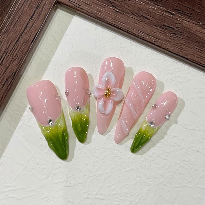 Almond Press on Nails Long Handmade Nails with Glue,Green French False Nails with Luxury Rhinestone 5D Flower Art Design Pink Nail Press ons Muti-Layer Gel Handmade False Nails for Women (Size S)