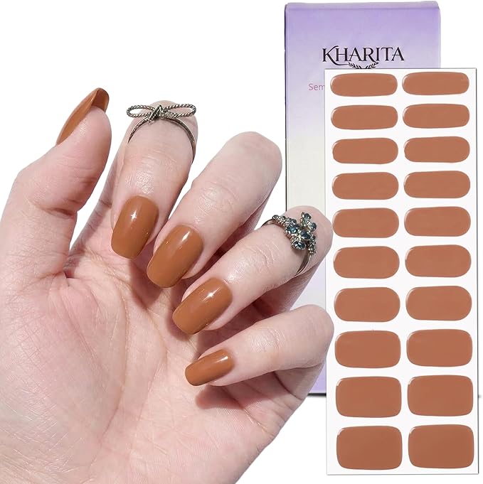 Semi Cured Gel Nail Strips – Real Gel Nail Polish Wraps for Brittle Nails | Waterproof Long Lasting Easy Peel-Off Removal | Hema-Free | 20-Piece Warm Brown Salon Kit with File & Stick