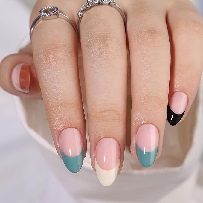 RTKHFZE Press On Nails Short - Color French Tip Press on Nails Almond Soft Gel Short Fake Nails with Nails Glue,Fit Perfectly,16 Sizes - 32Pcs Reusable Gel False Nails Tips Kit