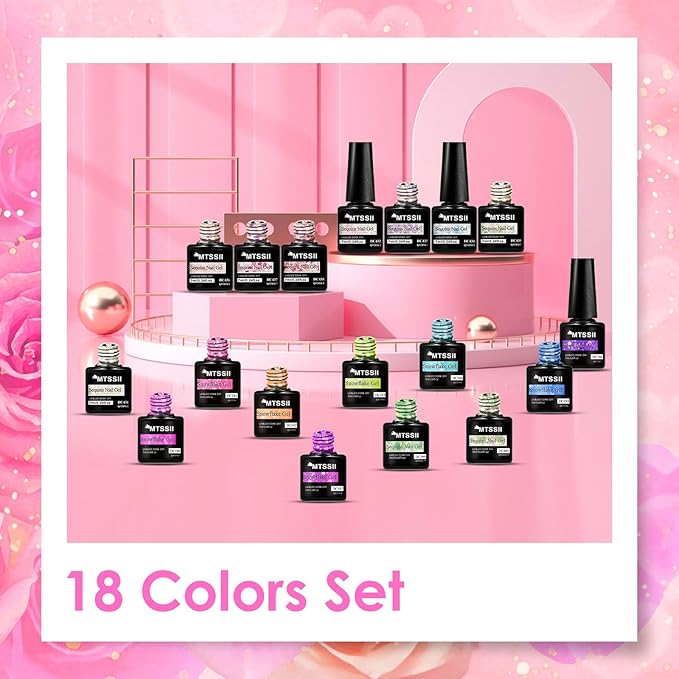 MTSSII 18PCS Gel Nail Polish Set Reflective glitter gel polish Sakura Glitter Fluorescent Color Snowflake Gel Polish Kit - UV LED Nail Art DIY Gifts for Women