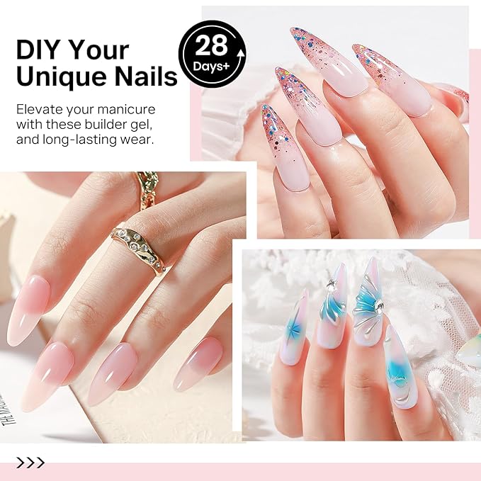 MIZHSE Builder Gel for Nails, 8-in-1 Clear Builder Strengthener Gel for Nail Thickening Tip Design Rhinestone Glue U V LED Extension Gels Kit for Home DIY Salon 15mL