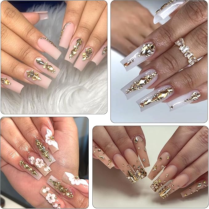 Nail Art Rhinestones - 12 Types of 600 Crystal Champagne Gold Diamonds, 3D Flatback DIY Pearls, Gems, Beads, Flat Back Stones Set, with Kit, for Nail Art Decor