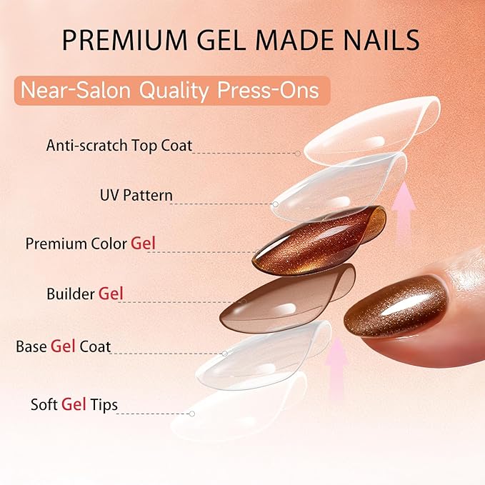 Cat Eye Press on Nails Short, Chrome Press on Nails Oval, Thick Glazed Brown Fake Nails Press ons for Women, Reusable Magnet Bling Glitter Glue On Nails Almond in 15 Sizes, 30 Pcs