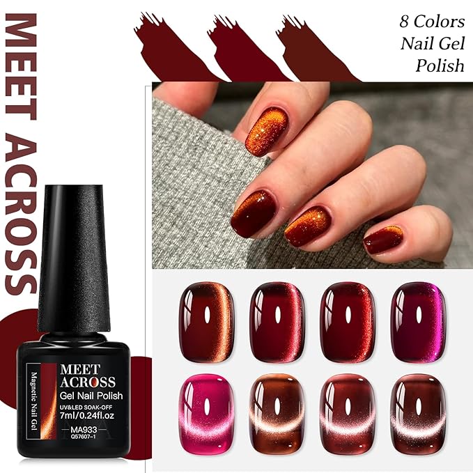 MEET ACROSS 9Pcs Cat Eye Gel Nail Polish Glitter Magnetic Cat Eye Gel Polish Set, Sparkle Red Purple Cateye Gel Polish with Magnet, Soak Off Led Nail Art Manicure Salon Gifts