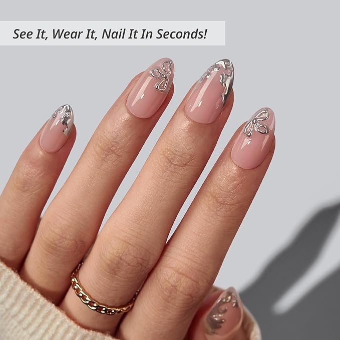 BTArtbox Press On Nails Short - Frost Glam, Lamp-Curable 3D Silver Flower Almond Press On Nails with Glue and Adhesive Tabs for Women in 16 Sizes - 32 Soft Gel Glue On Nails Kit