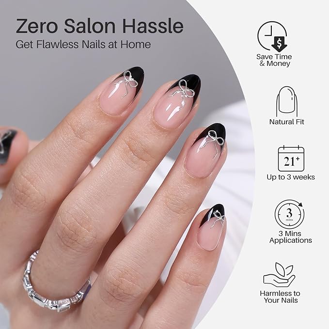 Black French Tip Press on Nails Short with 3D Bow Design - Soft Gel Almond Fake Nails for Women Gift, Natural Stick on Nails with Glue in 16 Sizes - 32 Reusable Nails, Silver Ribbon
