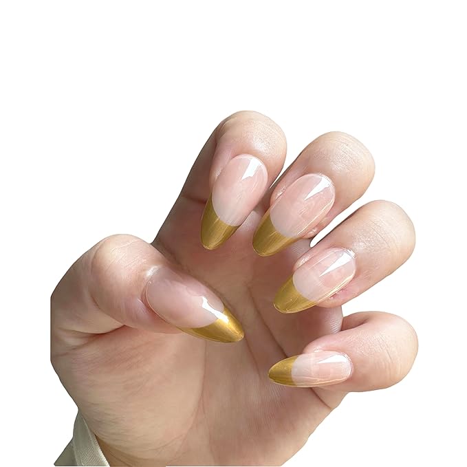 Gold French Press On Nails Almond Medium Length, Reusable 24 Piece Handmade False Nails with Wear Resistant Sealer