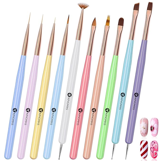 KINGMAS 10 Pcs Nail Art Brushes, Clean Up Painting Brush Drawing Pen, Nail Liner Brush and Nail Dotting Pen