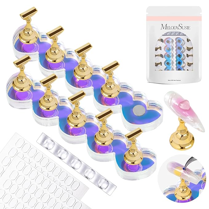 MelodySusie Nail Stand for Press Ons, 2 Sets Blue Heart Shape Acrylic Magnetic Base for Practice Display with Brush Holder and 100 Pcs Reusable Double-Sided Tape for Home DIY Salon Supplies