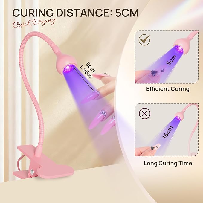 AORAEM UV LED Nail Lamp, Quick Drying UV Light for Gel Nails Foot Control LED Nail Cure Lamp, Flash Cure Light with Gooseneck and Clamp for Gel Nails, Pink