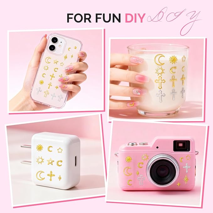 MelodySusie 3D Nail Charms and Gems, 2 Acrylic Boxes Golden Silver Include Alloy Star Sun and Cross Nail Art Studs With Tweezer Tools for Y2K Manicure Nails Design Supplies DIY Crafts Decoration
