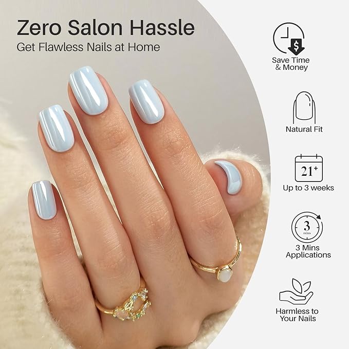 Chrome Press on Nails Square - SHANGMENG Soft Gel Blue Press on Nails Short for Women Gift, Glossy & Natural Stick on Nails with Glue in 16 Sizes - 32 Reusable Fake Nails, Aurora Light Blue