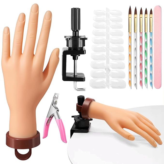 Practice Hand for Acrylic Nails: Rubber Nail Hand with Stand - Fake Manicure Hand to Practice Acrylic Nails for Beginners