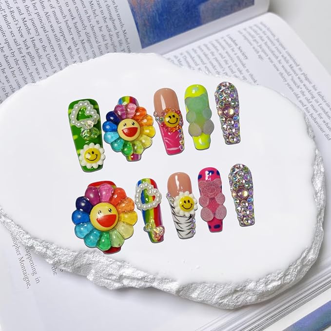 GREENTEA Handmade Rainbow Sunflower Press-On Nails Set, Decorative Rhinestone Design, Colorful Smiley Face Pattern, Size-M