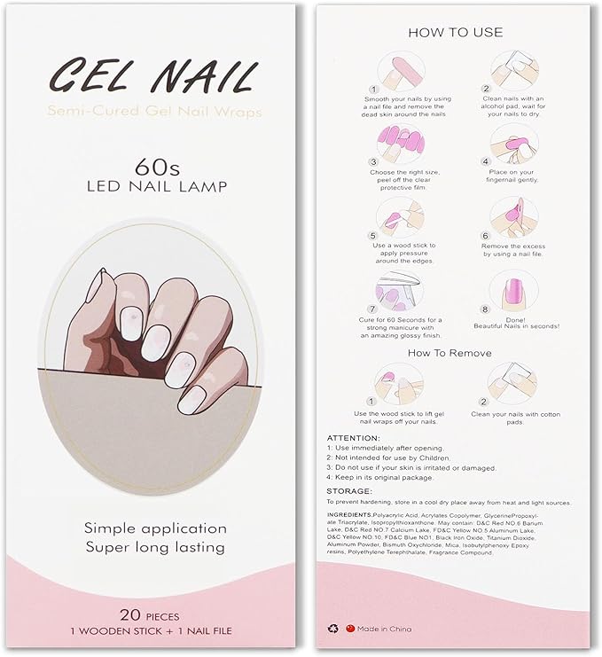 JMEOWIO Gel Nail Stickers Cream Pink French Tip Semi Cured Gel Nail Strips Wraps UV/LED Nails Art Design Decoration Accessories