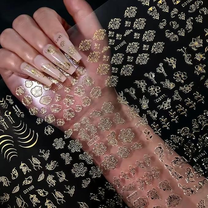 90 Sheets Flower Nail Stickers 3D Self-Adhesive Gold White Black Nail Decals Lace Retro Floral Leaf Nail Art Designs for Women and Girls Nail Art Decoration Accessories with Nail Tweezer