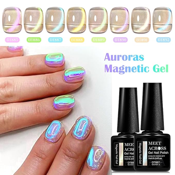 MEET ACROSS 12 Pcs Cat Eye Gel Nail Polish Set, Blue Tears Auroras Magnetic Gel Polish, Blue Pink Yellow Purple Glassy Glitter Holographic Nail Polish with Base Top Gel for Nail Art Manicure Salon DIY