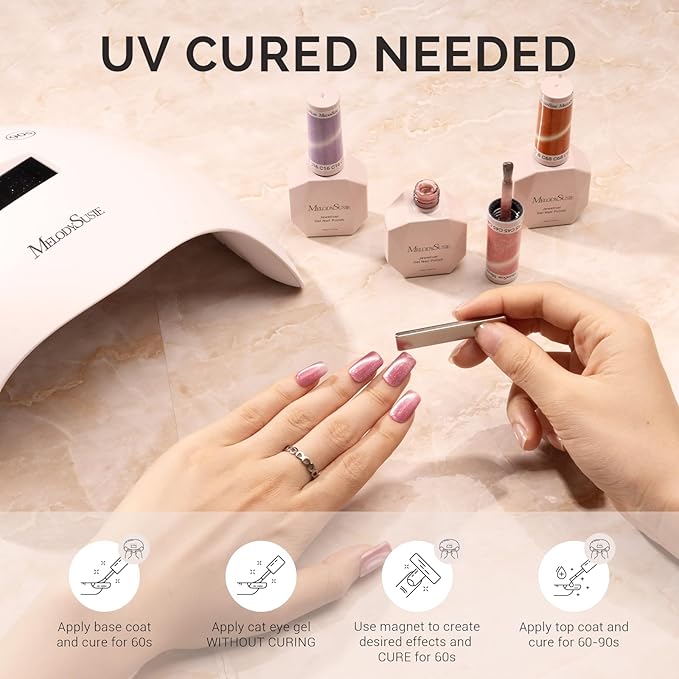 MelodySusie Jeweliver Cat Eye Gel Nail Polish, 0.5 Fl Oz Rose Pink Glitter Holographic Magnetic Nail Polish with Magnet, UV Nail Polish for Nail Art Manicure Salon DIY at Home C47