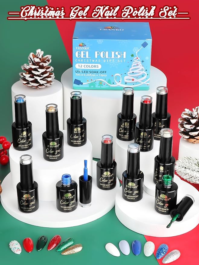 EBANKU Gel Nail Polish Kit, 12 Colors Gel Polish Kit Red Green Gel Polish Glitter Blue Silver Gel Polish Set Christmas Nail Polish Kit DIY Manicure Set For Nail Art Decoration