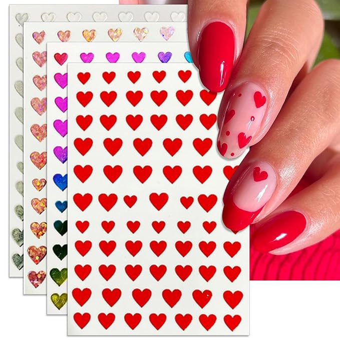 Valentine's Day Nail Art Stickers - Sexy Laser Heart Nail Decals, Self-Adhesive 6 Colors Black White Red Pink Kiss Heart for DIY 3D Nail Supplies Decoration (6 Sheets)