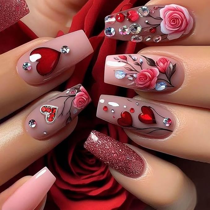 Coffin Press on Nails Medium Length Fake Nails Glitter Nails Press Ons Valentines Day Acrylic Nails With Cute Heart and Flower Design Glue on Nails Square Full Cover Artificial Nails for Women 24Pcs