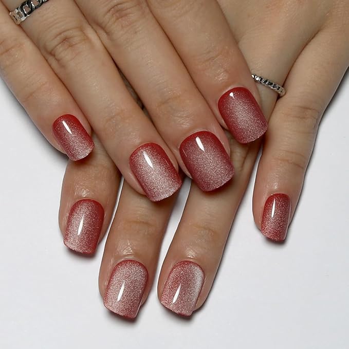 Cat Eye Press On Nails Short Square, Red Fake Nails with Dewy Gloss Red and White Gradient Effect, Glossy Gel Finish Acrylic Nails Press Ons Short,Natural Reusable Glue On Nails For Women, Jelly Rouge