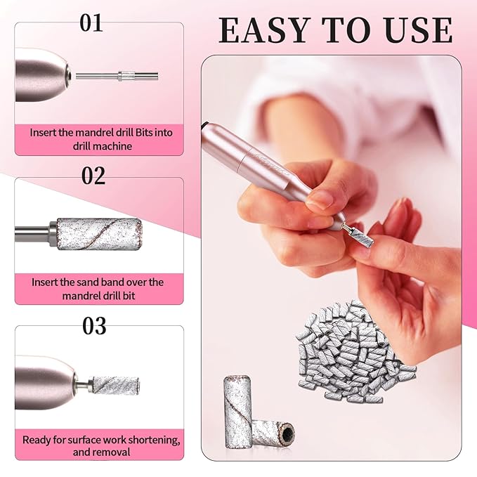 180 Grit Mini Sanding Bands for Nails, 100 Pcs Small Sanding Bands with 2 Pcs Mandrel Bits, 3.1 MM Nail Sanding Bands for Acrylic Nails, Gel Removing, Shaping, Manicures and Pedicure