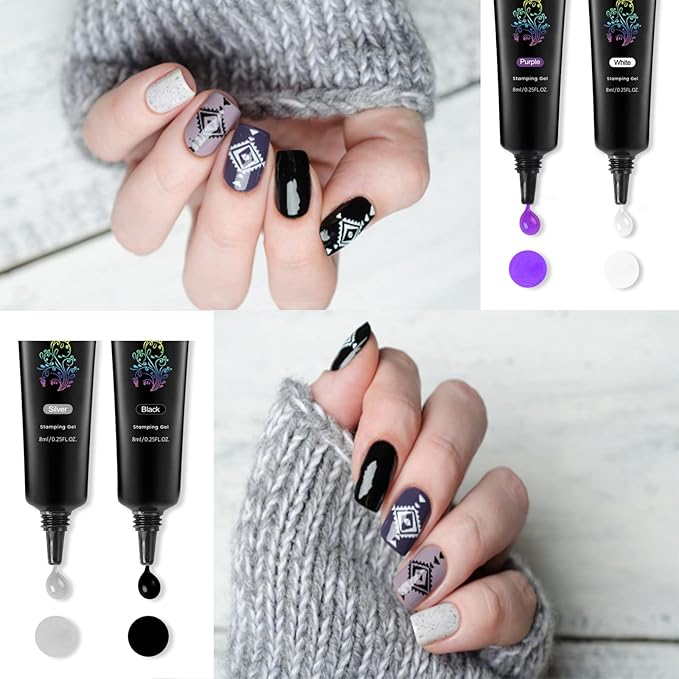 Stamping Polish Gels, 8 Colors Stamping Polish Red Black White Purple Blue Silver Soak Off Printed Gel UV Stamp Nail Gel for Nail Stamp Plate Stamper DIY Nail Art Design