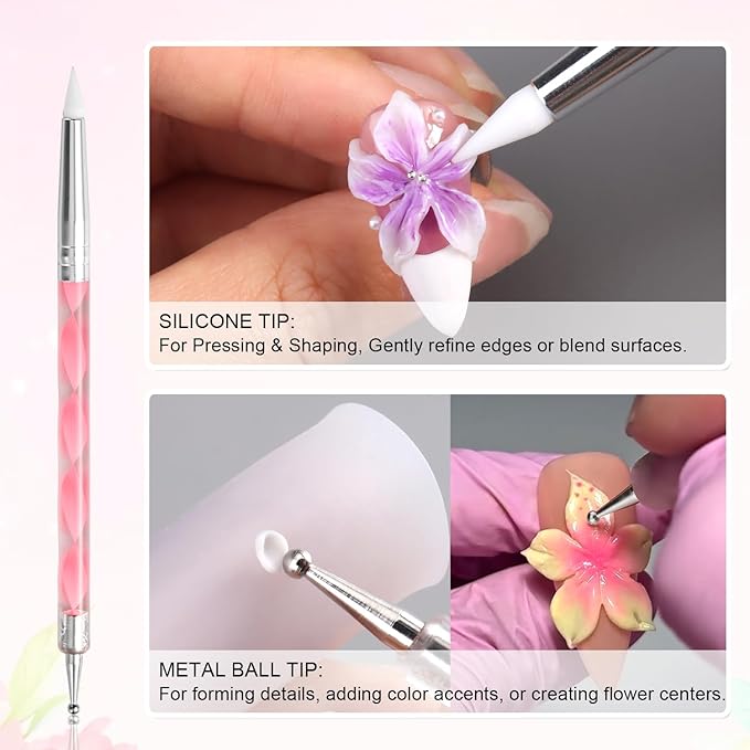 3D Nail Art Sculpting Tools Set, 3 Pack Dual-Head Carving Pens with 2 Silicone Finger Sleeves for Acrylic Gel Flowers Design, DIY Manicure Professional Salon Supplies for Nail Techs