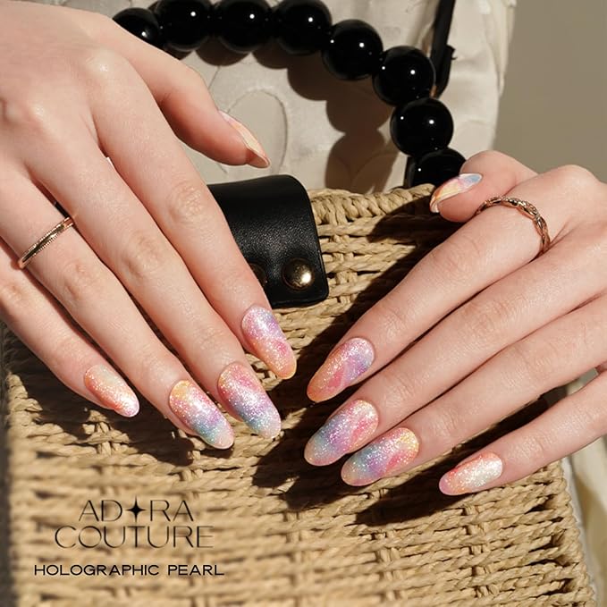Semi Cured Gel Nail Strips with 20 Pieces - UV Gel Stickers, Manicure Kit, Easy Application Wraps Includes Prep Pads, Nail File, Wooden Stick - UV Light Required (Holographic Pearl)