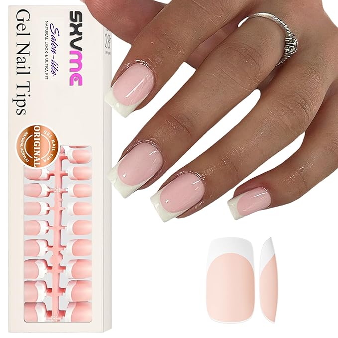 Gel French Tip Nails Medium Square Press on Nails White Tips 300Pcs Pre-applied Primer Natural Nude Pink Fake Nails Extensions Kit for Women Girls DIY