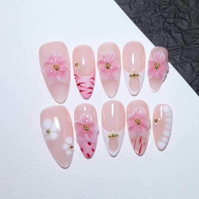10 Medium Handmade Press On Nails | Light Nude Pink Base with 3D Floral, French White Tip, Red Marble Veins, White Petal & Gold Dot Accents | Easy Apply & Remove, Reusable (251215, XS)